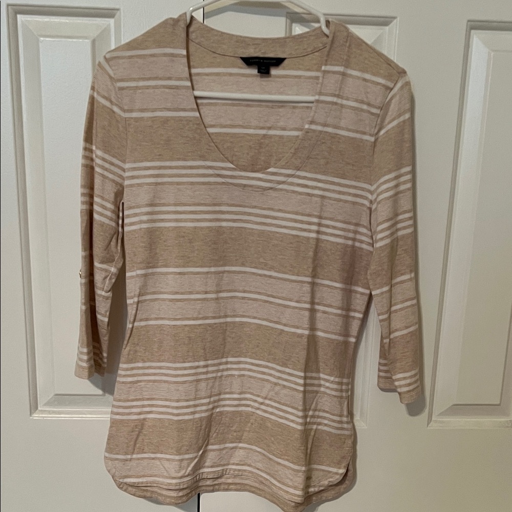 Tommy Hilfiger Beige and White Striped Long Sleeve Top